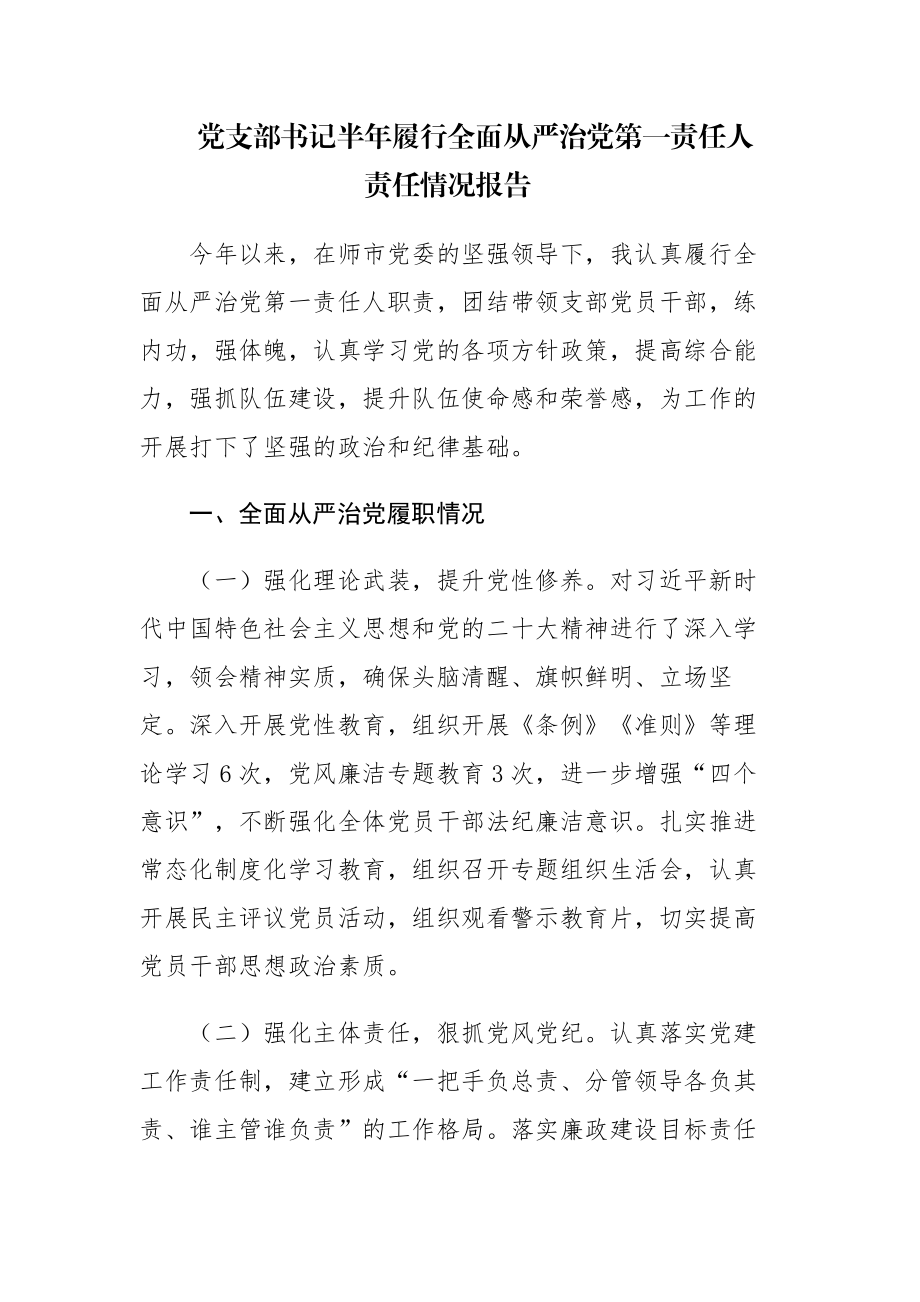 党支部书记2023年上半年履行全面从严治党第一责任人责任情况及市局主要负责人述法报告报告范文2篇.docx_第1页