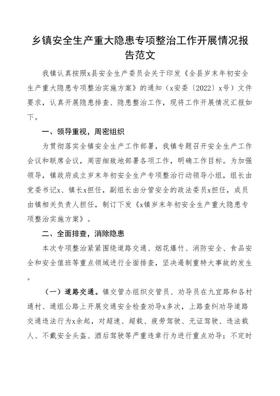 2024年乡镇安全生产重大隐患整治工作报告汇报总结 .docx_第1页