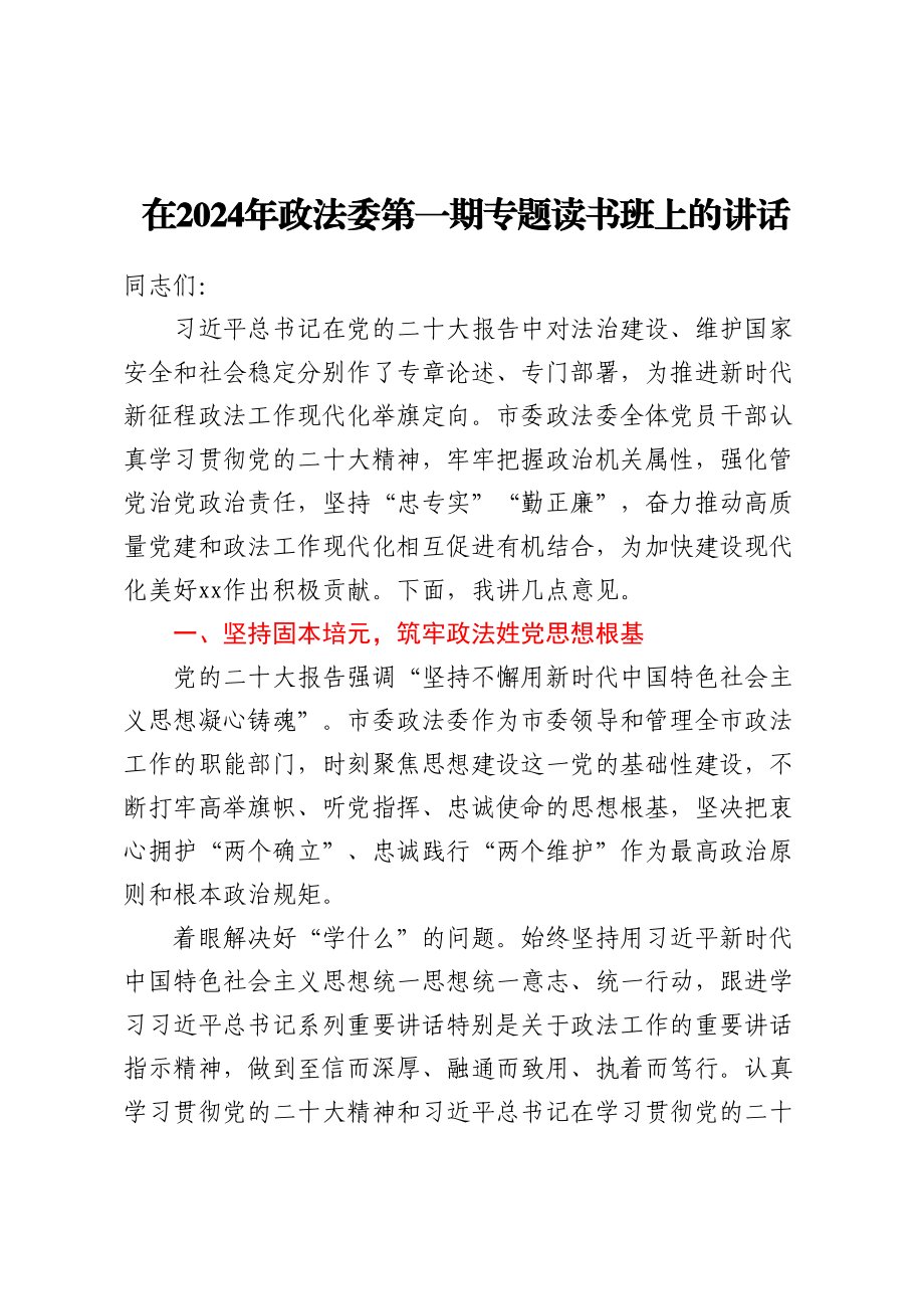 在2024年政法委第一期专题读书班上的讲话 .docx_第1页