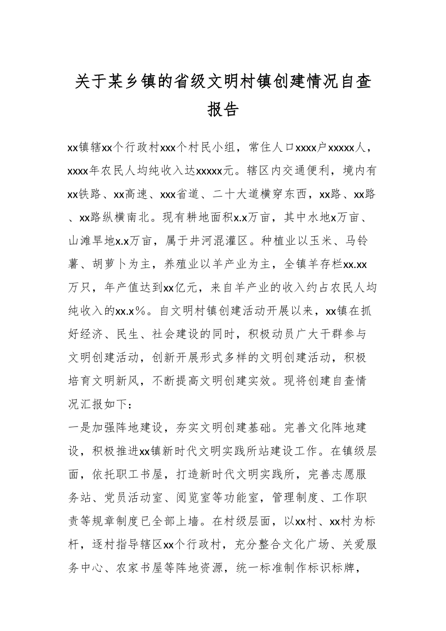 2024年关于某乡镇的省级文明村镇创建情况自查报告 .docx_第1页