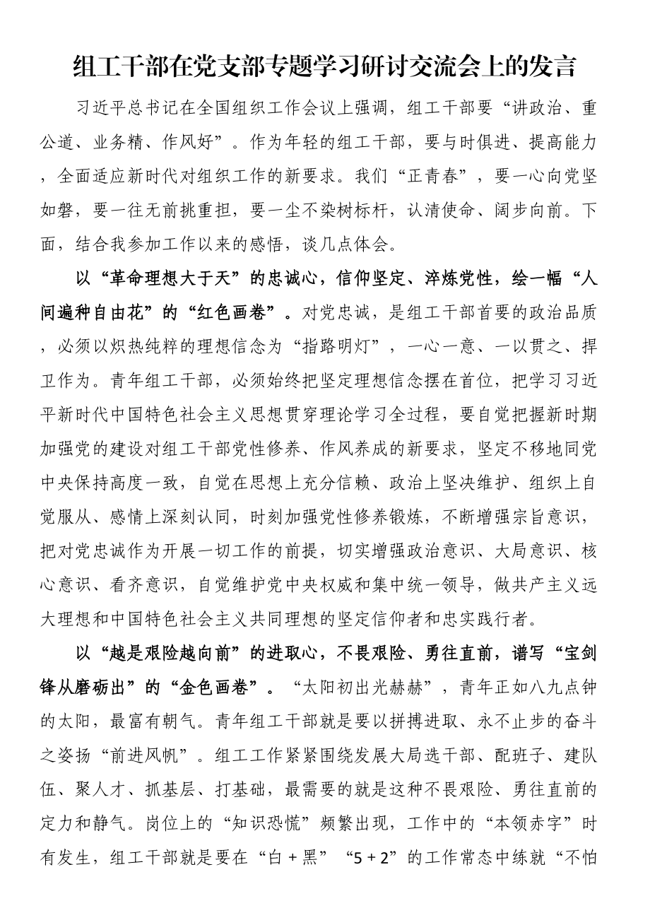 2024年组工干部在党支部专题学习研讨交流会上的发言 .docx_第1页