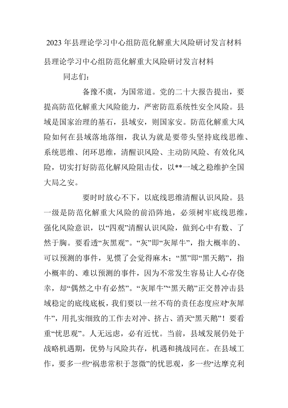 2023年县理论学习中心组防范化解重大风险研讨发言材料.docx_第1页