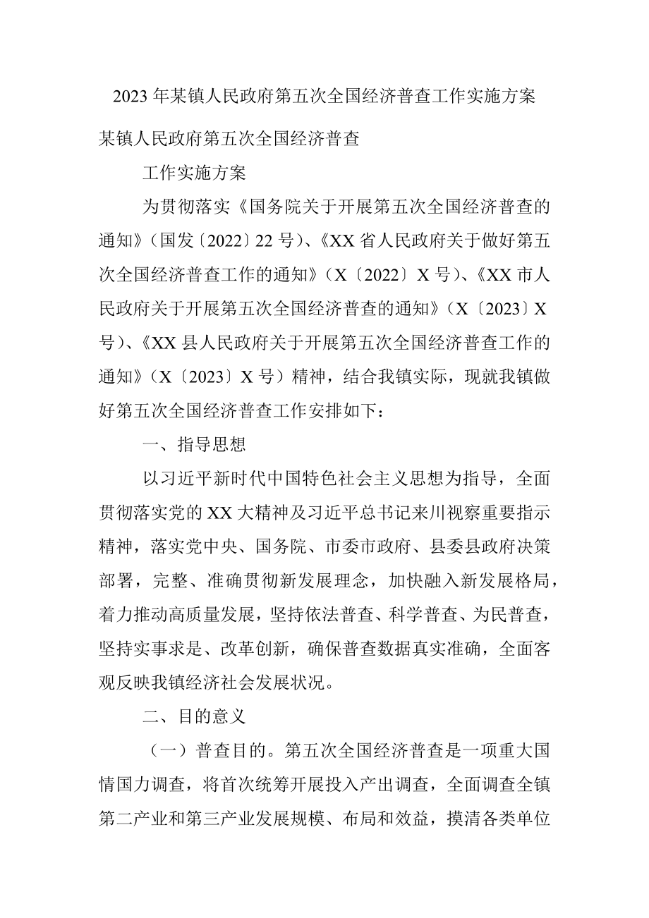 2023年某镇人民政府第五次全国经济普查工作实施方案.docx_第1页