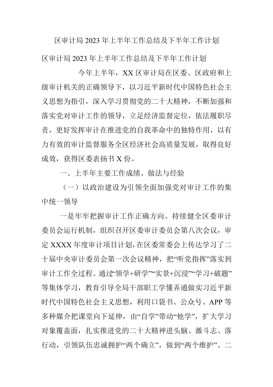 区审计局2023年上半年工作总结及下半年工作计划_1.docx_第1页