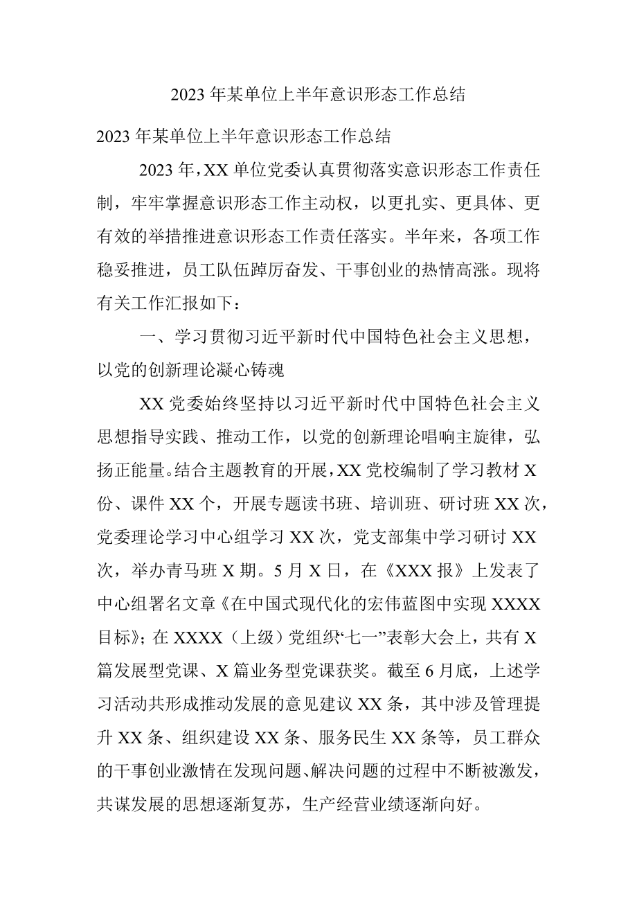 2023年某单位上半年意识形态工作总结.docx_第1页