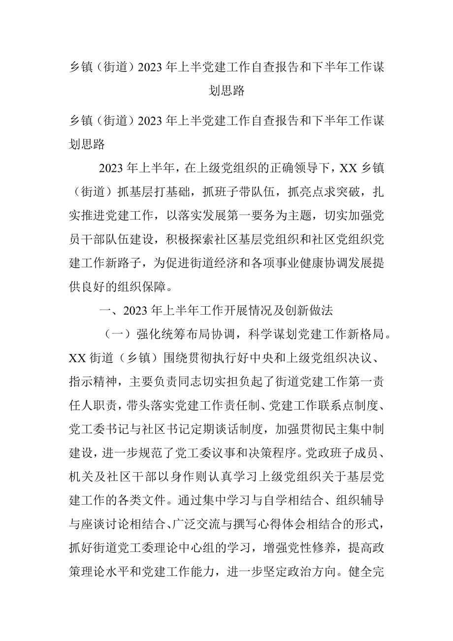 乡镇（街道）2023年上半党建工作自查报告和下半年工作谋划思路.docx_第1页