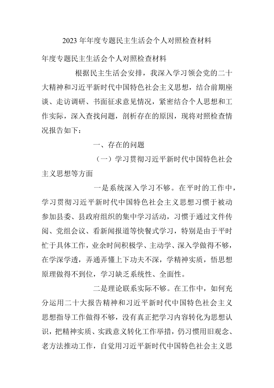 2023年年度专题民主生活会个人对照检查材料.docx_第1页