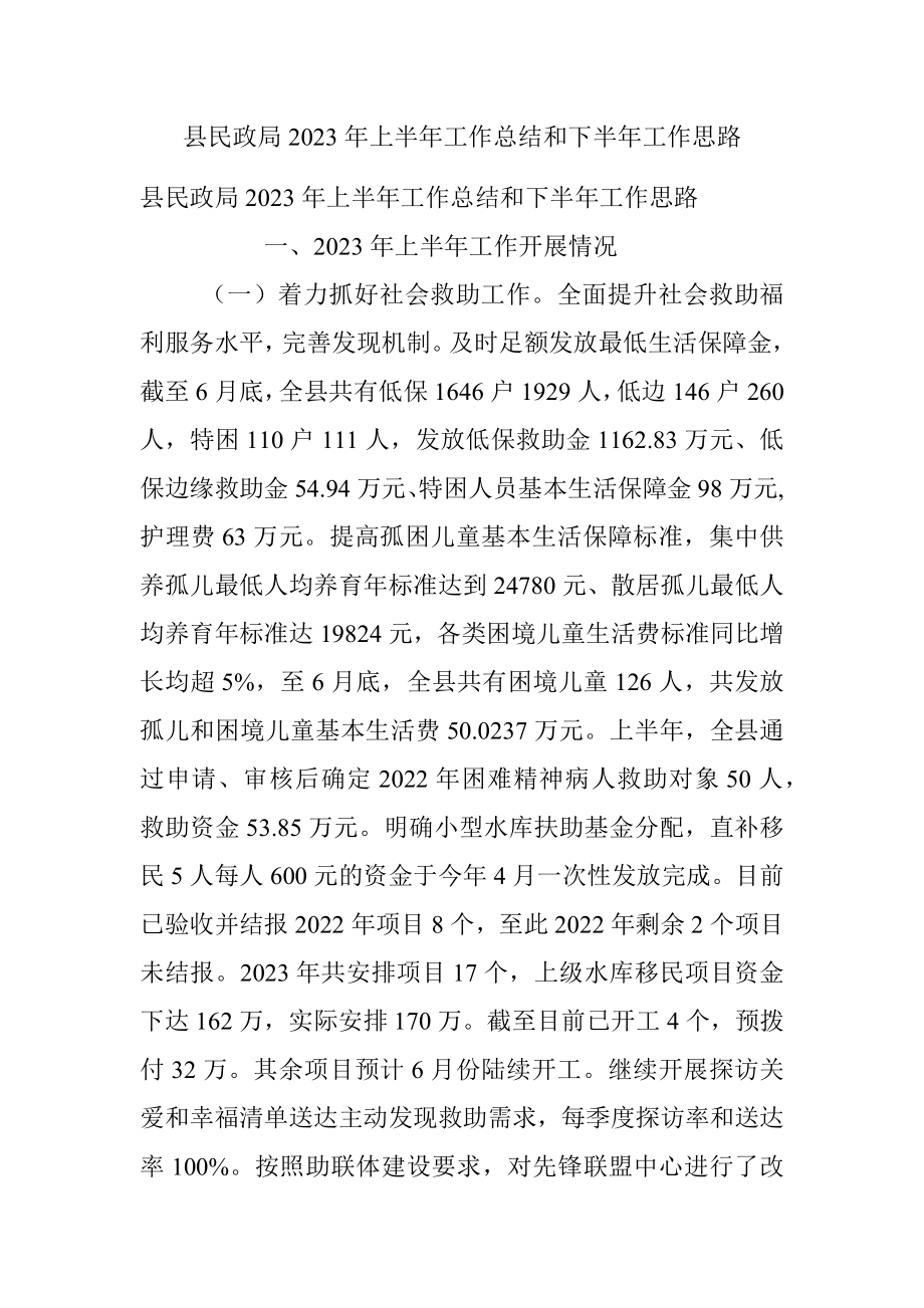 县民政局2023年上半年工作总结和下半年工作思路.docx_第1页