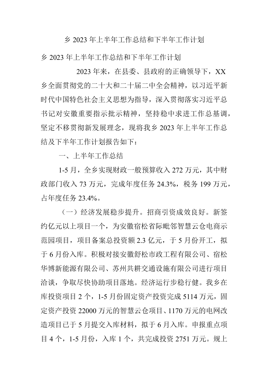 乡2023年上半年工作总结和下半年工作计划.docx_第1页