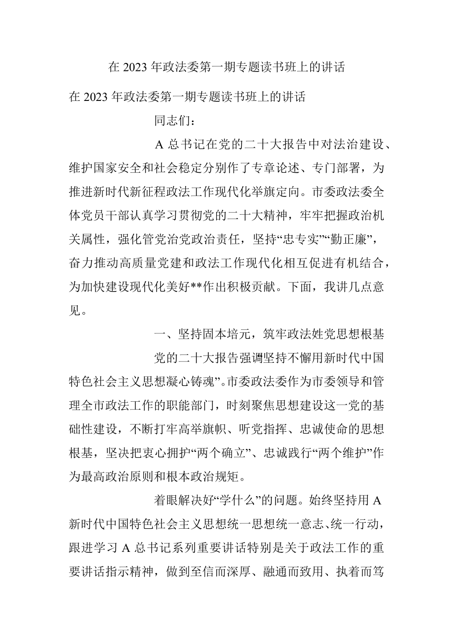 在2023年政法委第一期专题读书班上的讲话.docx_第1页