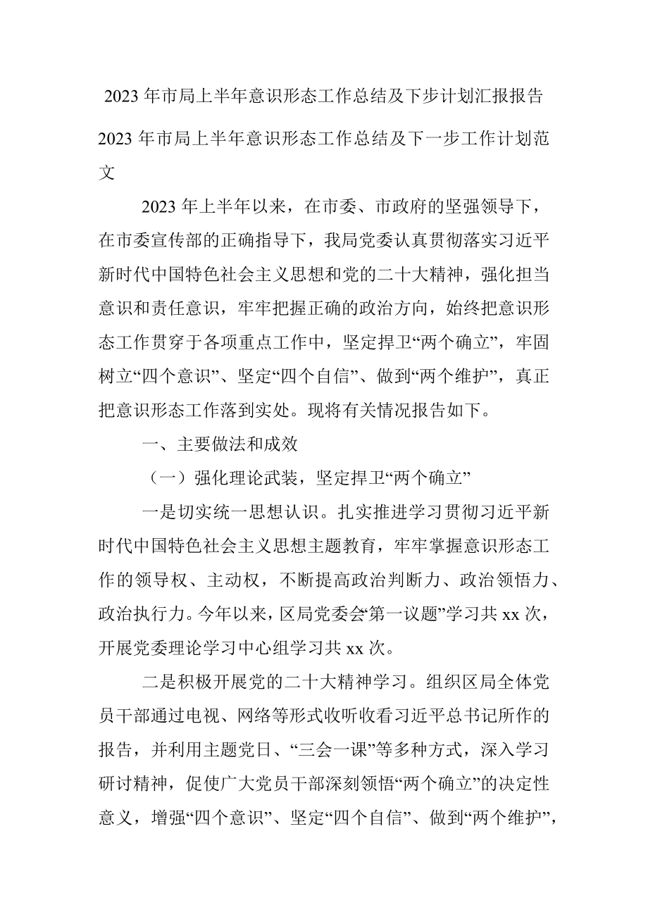 2023年市局上半年意识形态工作总结及下步计划汇报报告.docx_第1页