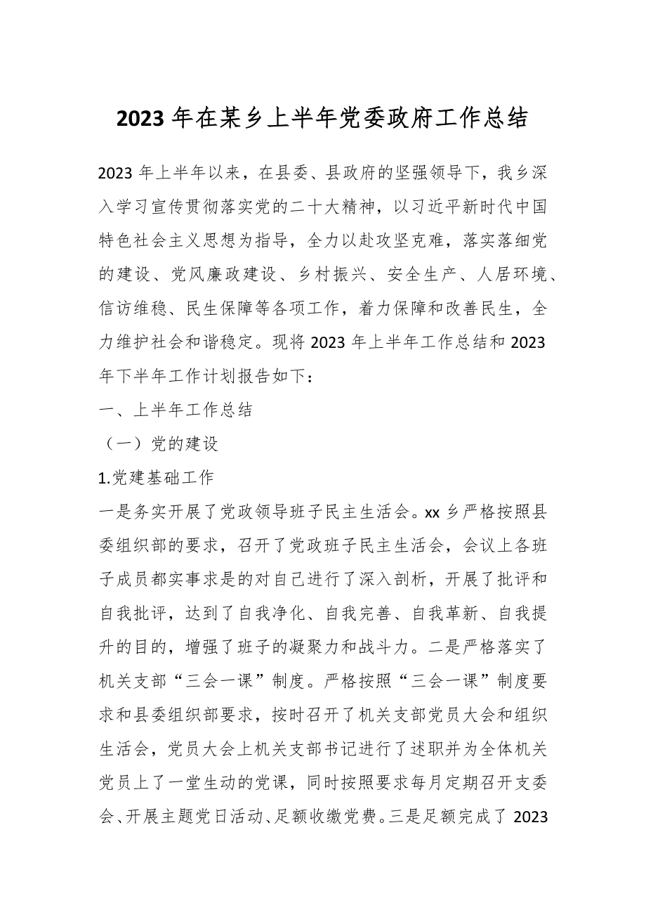 2023年在某乡上半年党委政府工作总结.docx_第1页