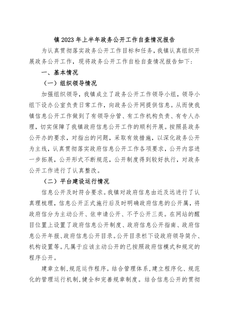 镇2023年上半年政务公开工作自查情况报告.docx_第1页