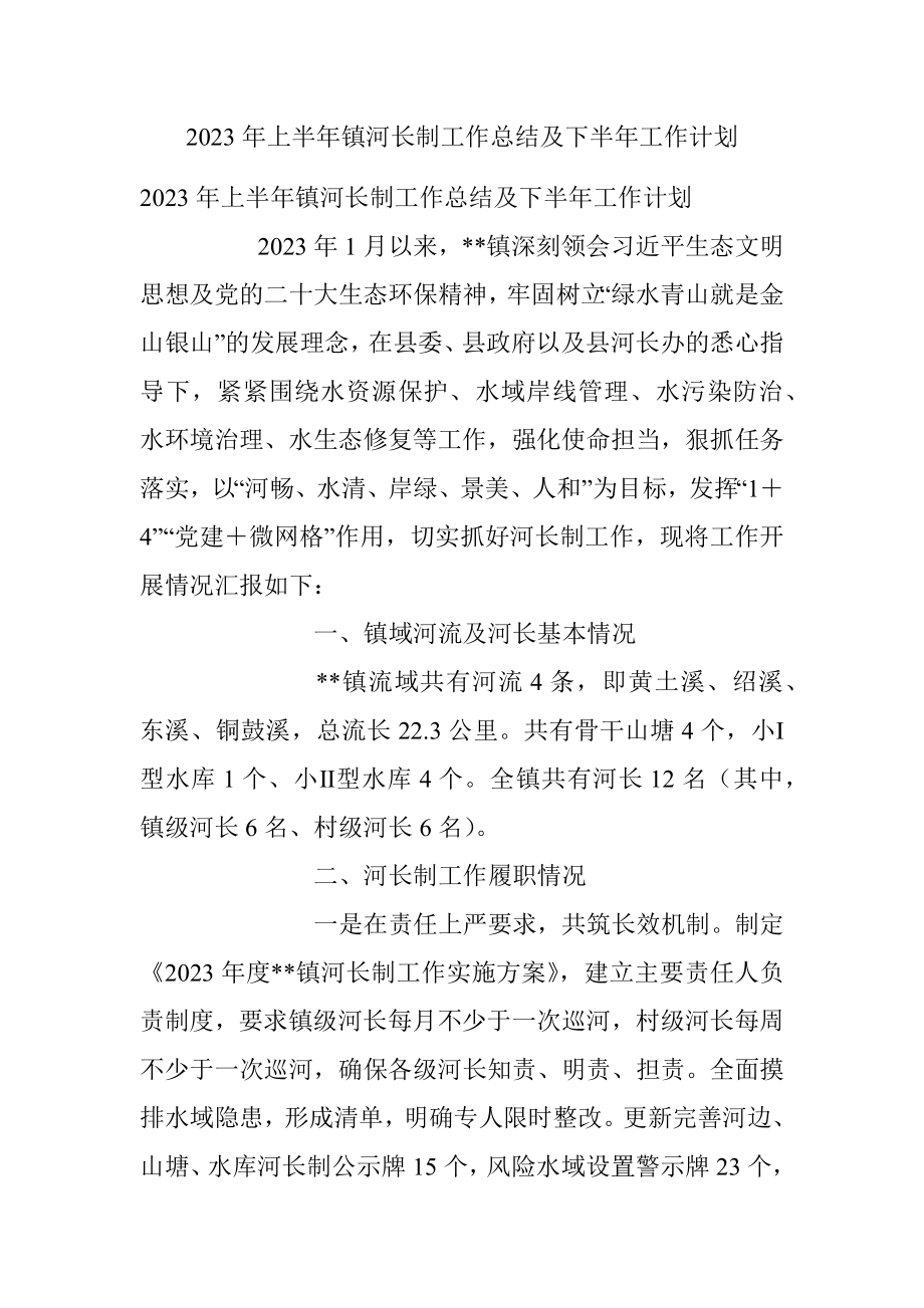 2023年上半年镇河长制工作总结及下半年工作计划.docx_第1页