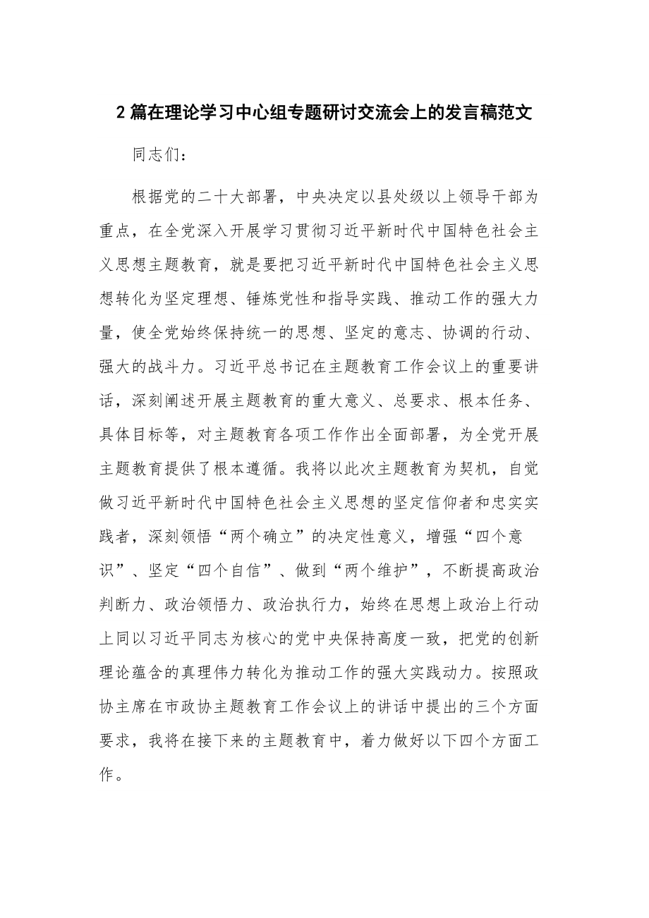 2篇在理论学习中心组专题研讨交流会上的发言稿范文.docx_第1页