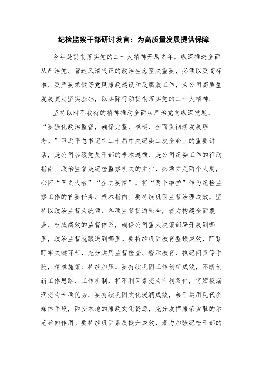 纪检监察干部研讨发言：为高质量发展提供保障.docx_第1页