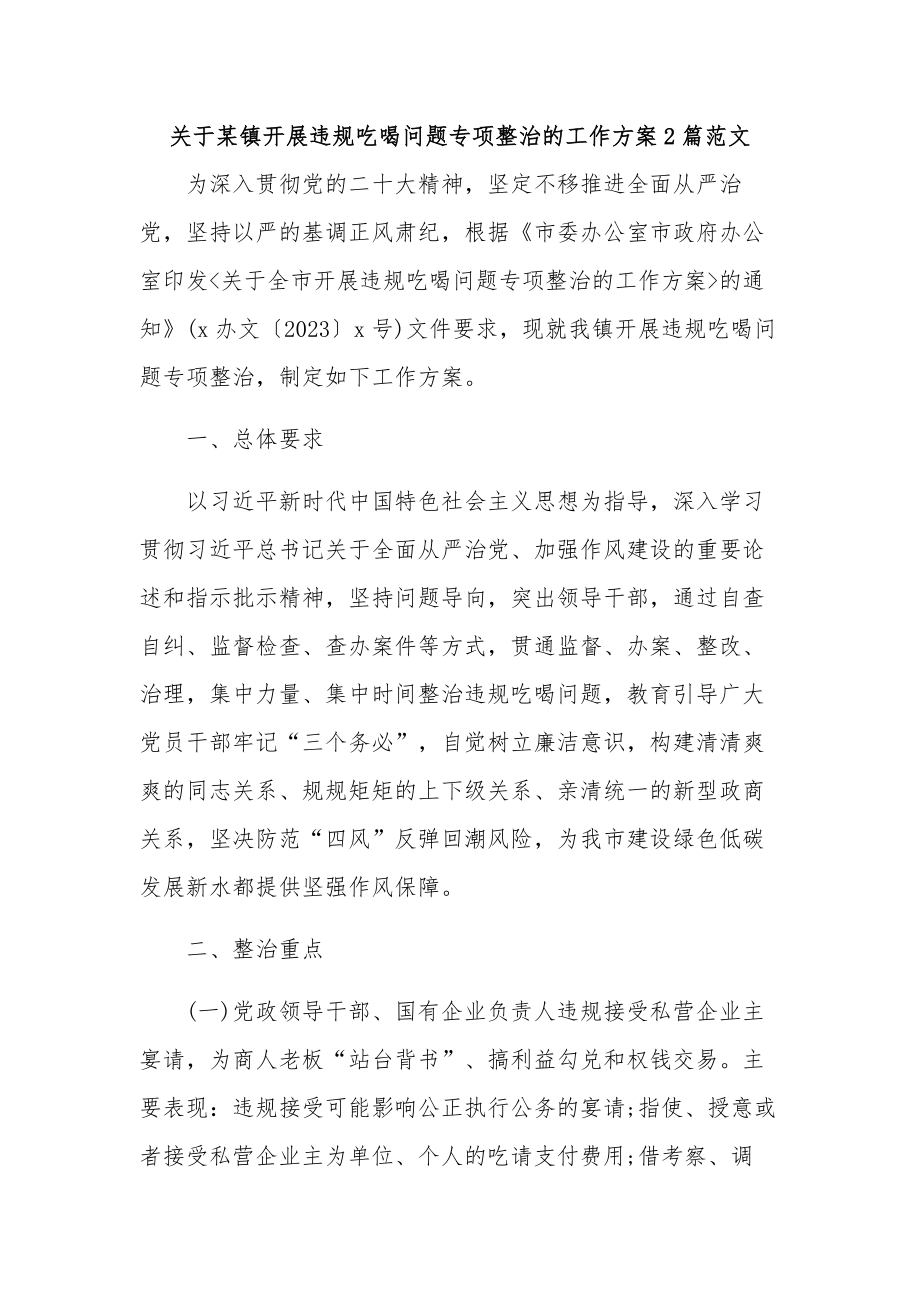 关于某镇开展违规吃喝问题专项整治的工作方案2篇范文.docx_第1页