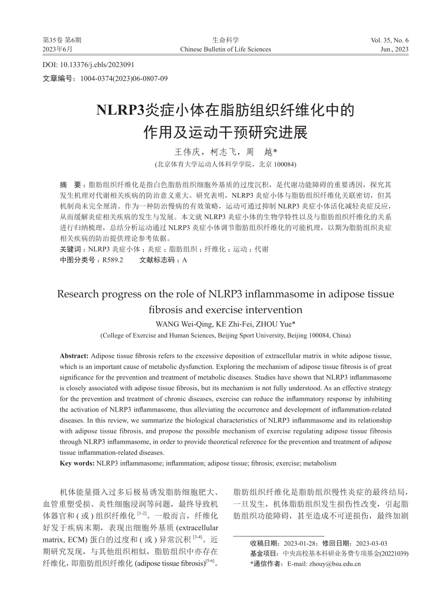 NLRP3炎症小体在脂肪组...中的作用及运动干预研究进展_王伟庆.pdf_第1页