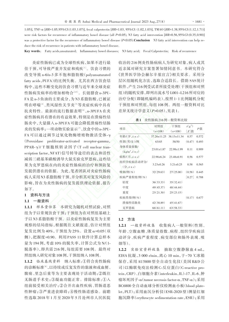 N3系脂肪酸干预对炎症性肠病病人复发风险的影响_李研研.pdf_第2页