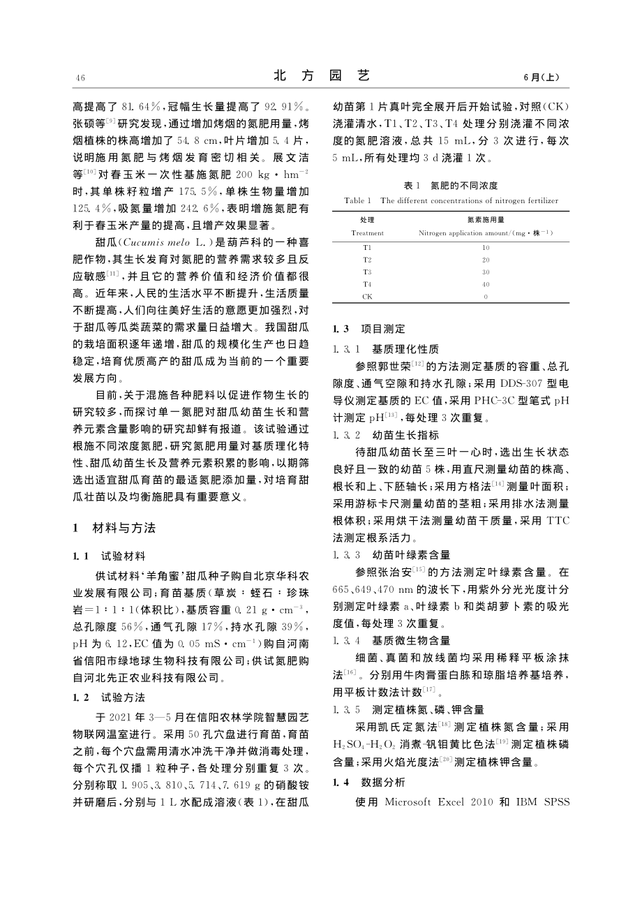 不同氮肥浓度对甜瓜幼苗生长和营养元素积累的影响_李蒙.pdf_第2页