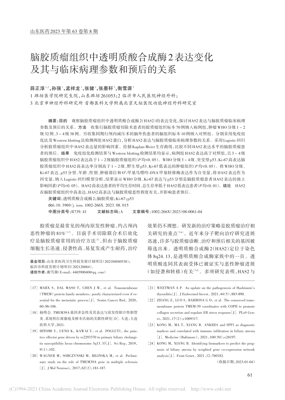 脑胶质瘤组织中透明质酸合成...与临床病理参数和预后的关系_薛正淳.pdf_第1页