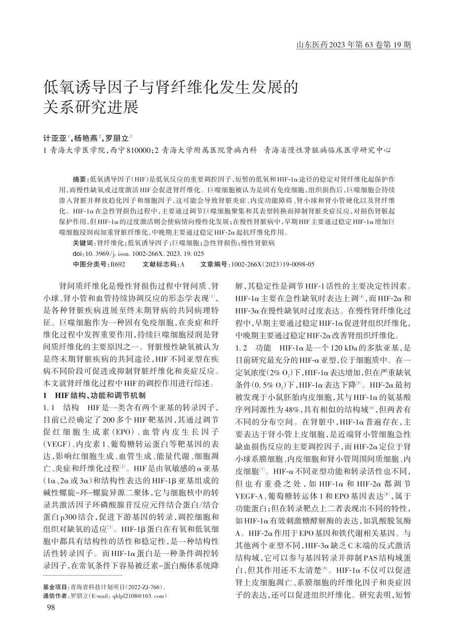 低氧诱导因子与肾纤维化发生发展的关系研究进展_计亚亚.pdf_第1页