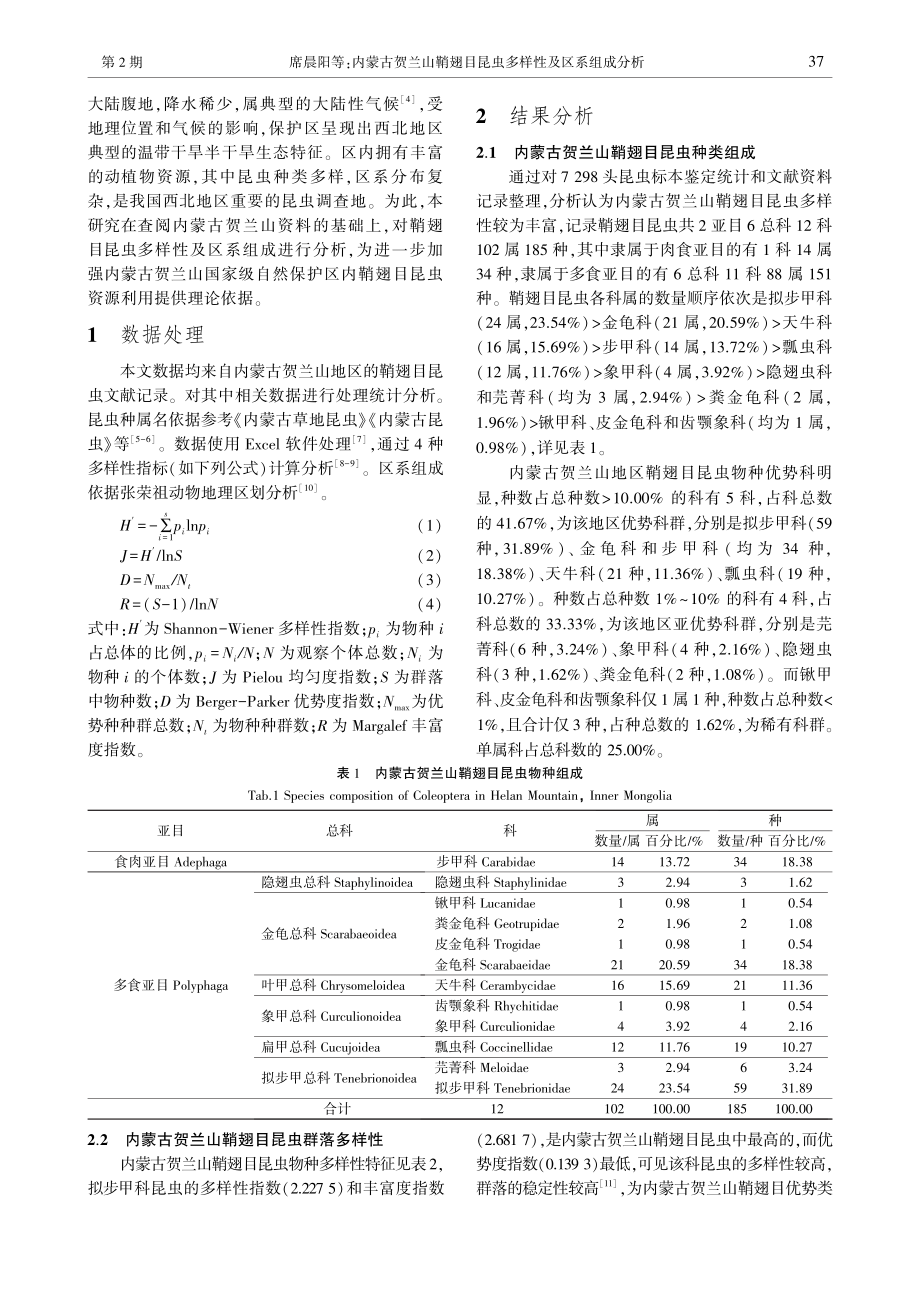 内蒙古贺兰山鞘翅目昆虫多样性及区系组成分析_席晨阳.pdf_第2页