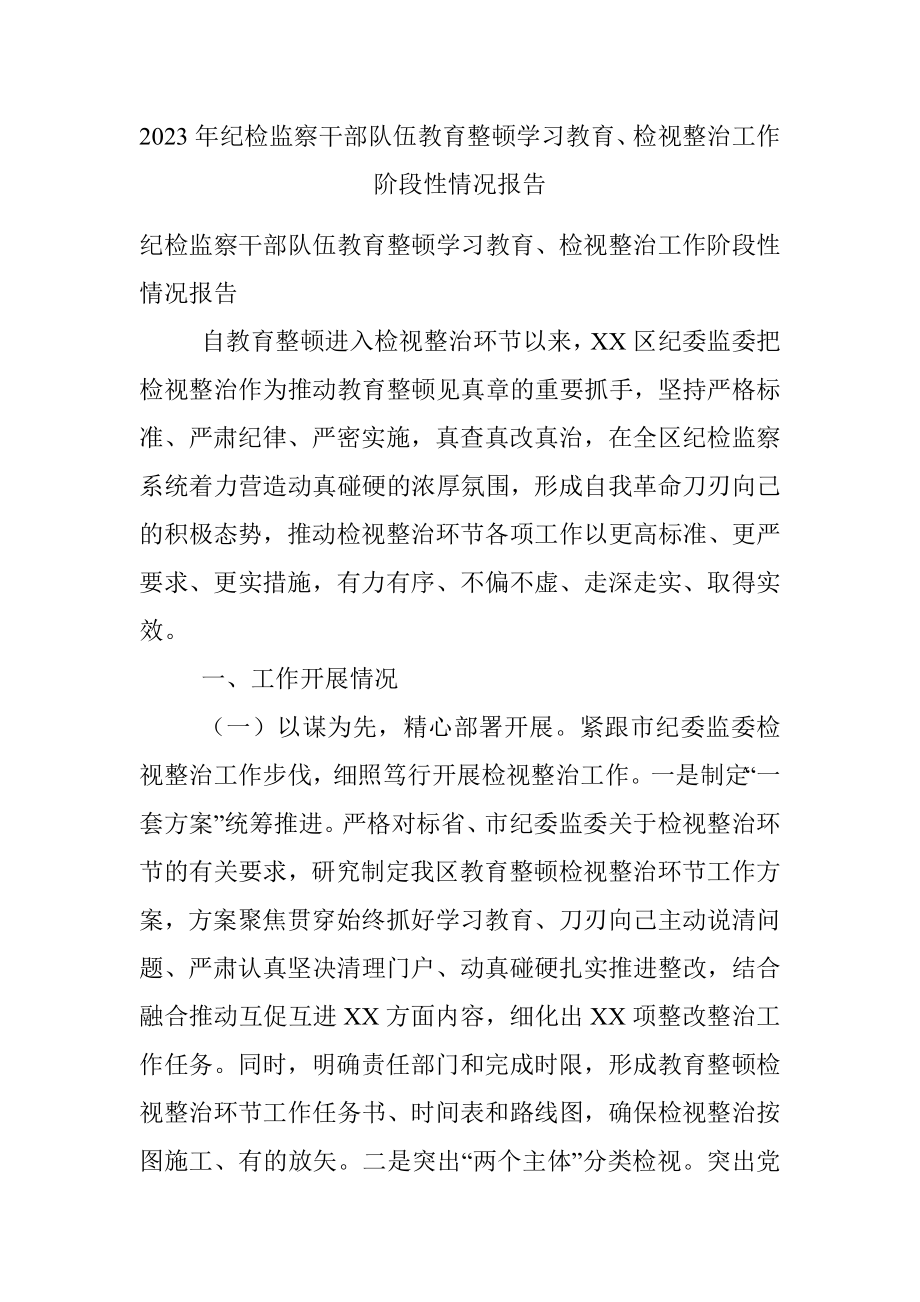 2023年纪检监察干部队伍教育整顿学习教育、检视整治工作阶段性情况报告.docx_第1页