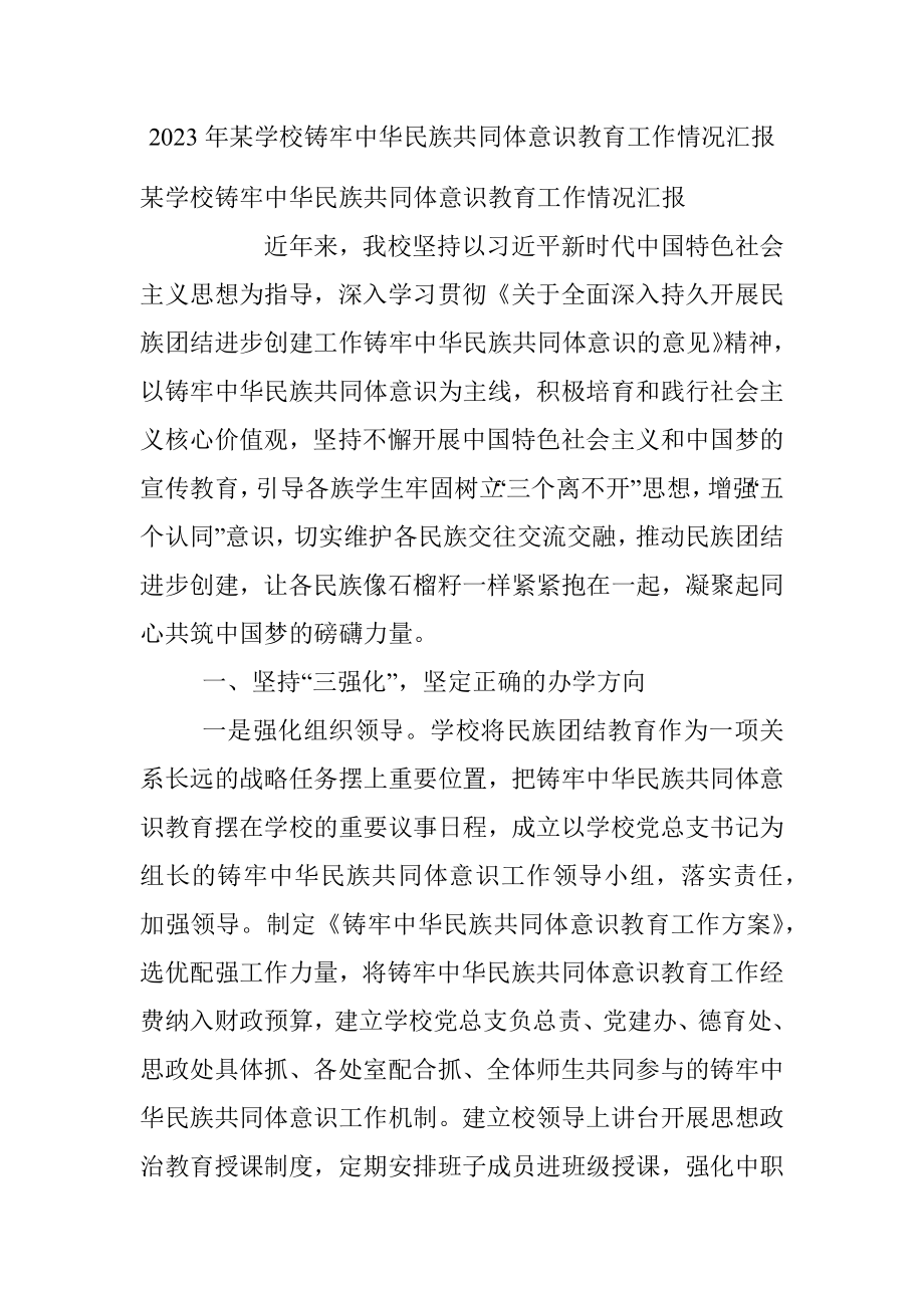 2023年某学校铸牢中华民族共同体意识教育工作情况汇报.docx_第1页