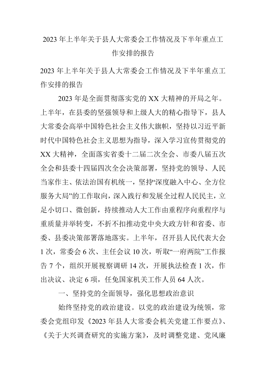 2023年上半年关于县人大常委会工作情况及下半年重点工作安排的报告.docx_第1页