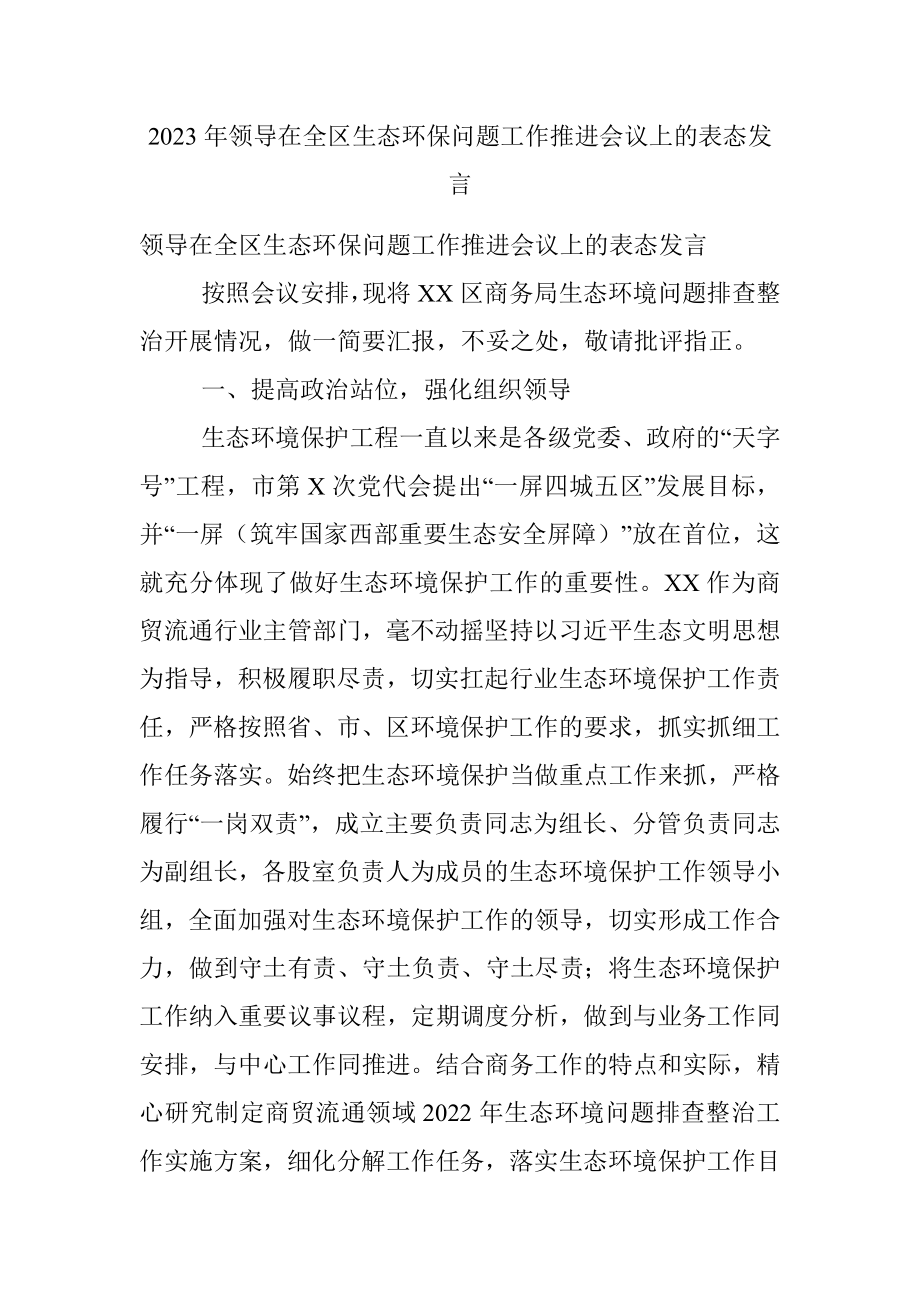 2023年领导在全区生态环保问题工作推进会议上的表态发言.docx_第1页