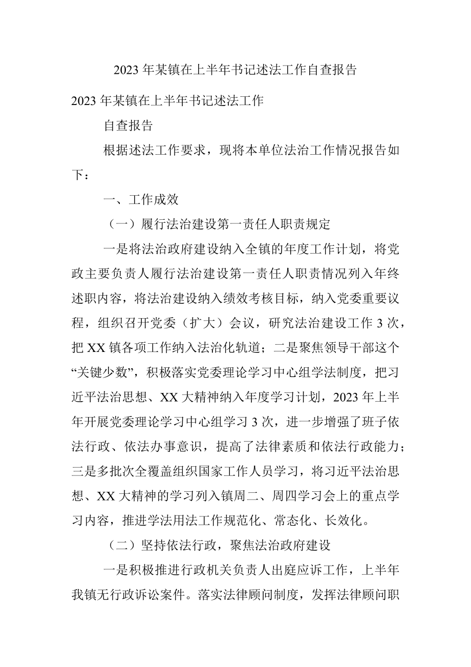 2023年某镇在上半年书记述法工作自查报告.docx_第1页