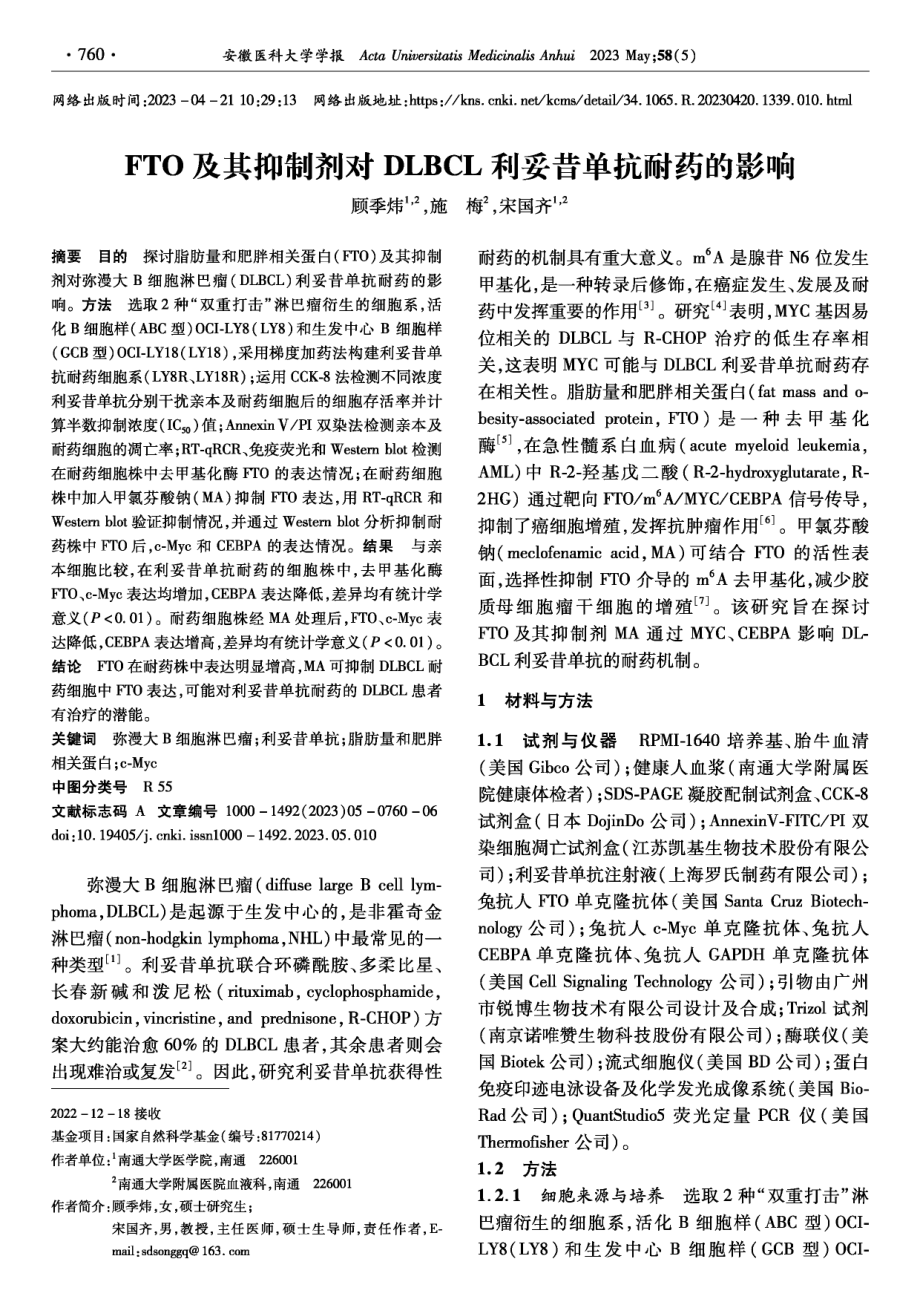 FTO及其抑制剂对DLBCL利妥昔单抗耐药的影响.pdf_第1页