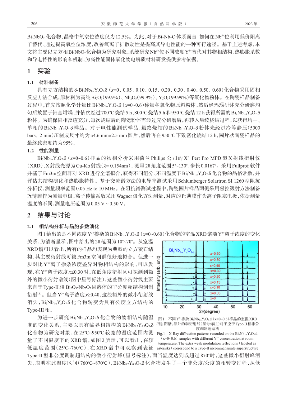 Y%5E%283%2B%29掺杂对Bi_%283%29NbO_%287%29相结构、热膨胀和导电特性的影响和机制.pdf_第2页