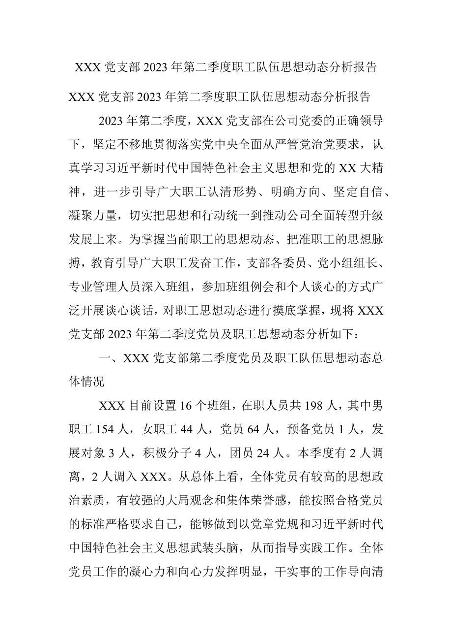 XXX党支部2023年第二季度职工队伍思想动态分析报告.docx_第1页