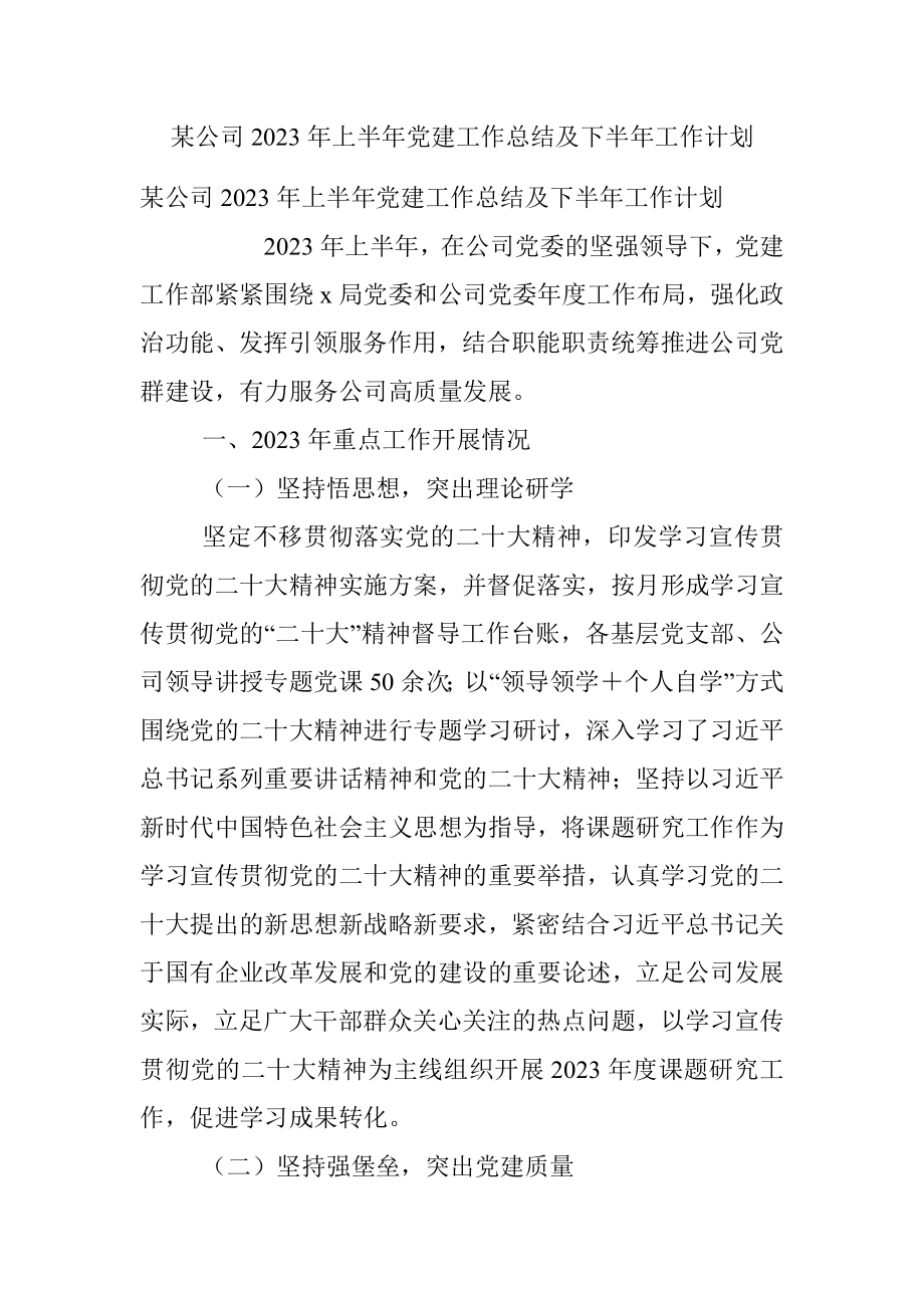 某公司2023年上半年党建工作总结及下半年工作计划.docx_第1页