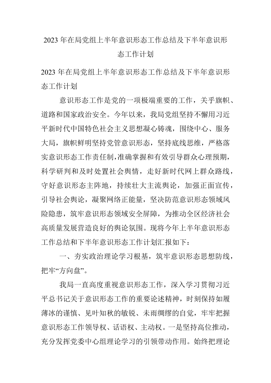 2023年在局党组上半年意识形态工作总结及下半年意识形态工作计划.docx_第1页