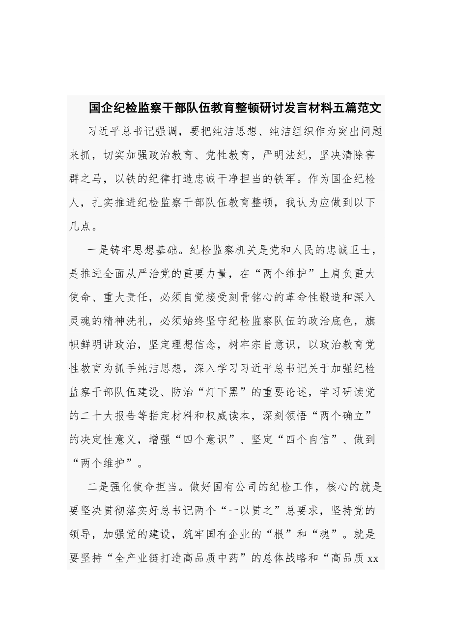 国企纪检监察干部队伍教育整顿研讨发言材料五篇范文.docx_第1页