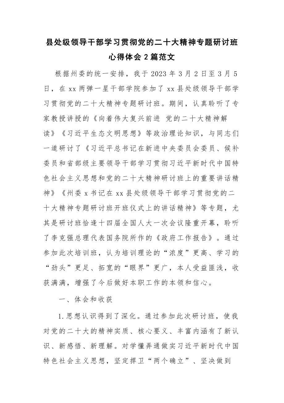 县处级领导干部学习贯彻党的二十大精神专题研讨班心得体会2篇范文.docx_第1页