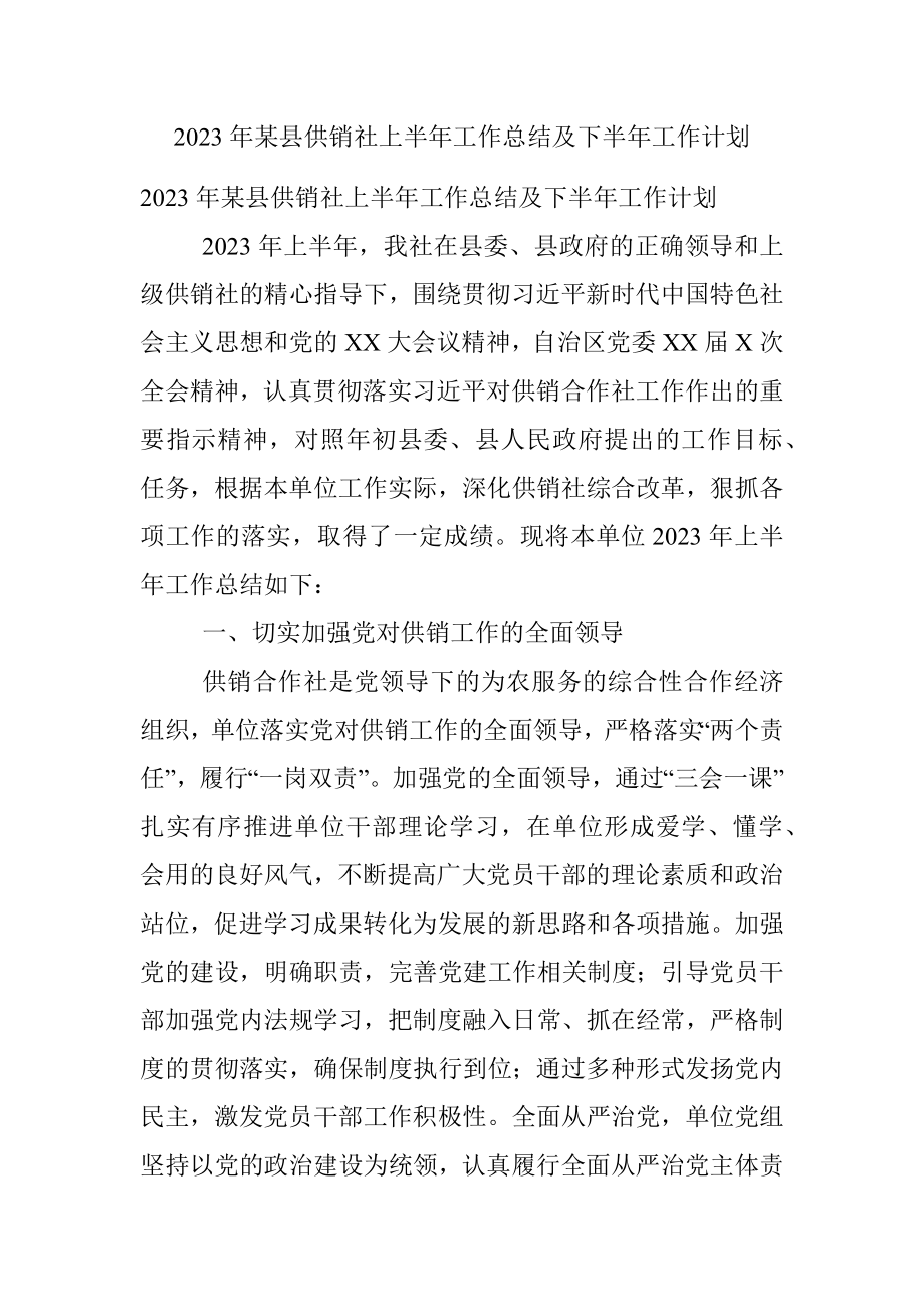 2023年某县供销社上半年工作总结及下半年工作计划.docx_第1页