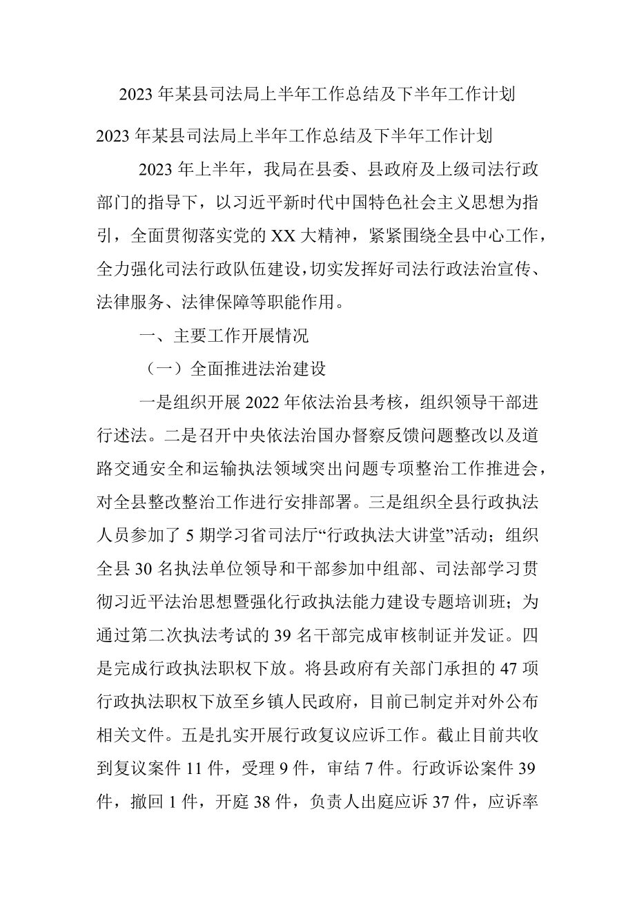 2023年某县司法局上半年工作总结及下半年工作计划.docx_第1页