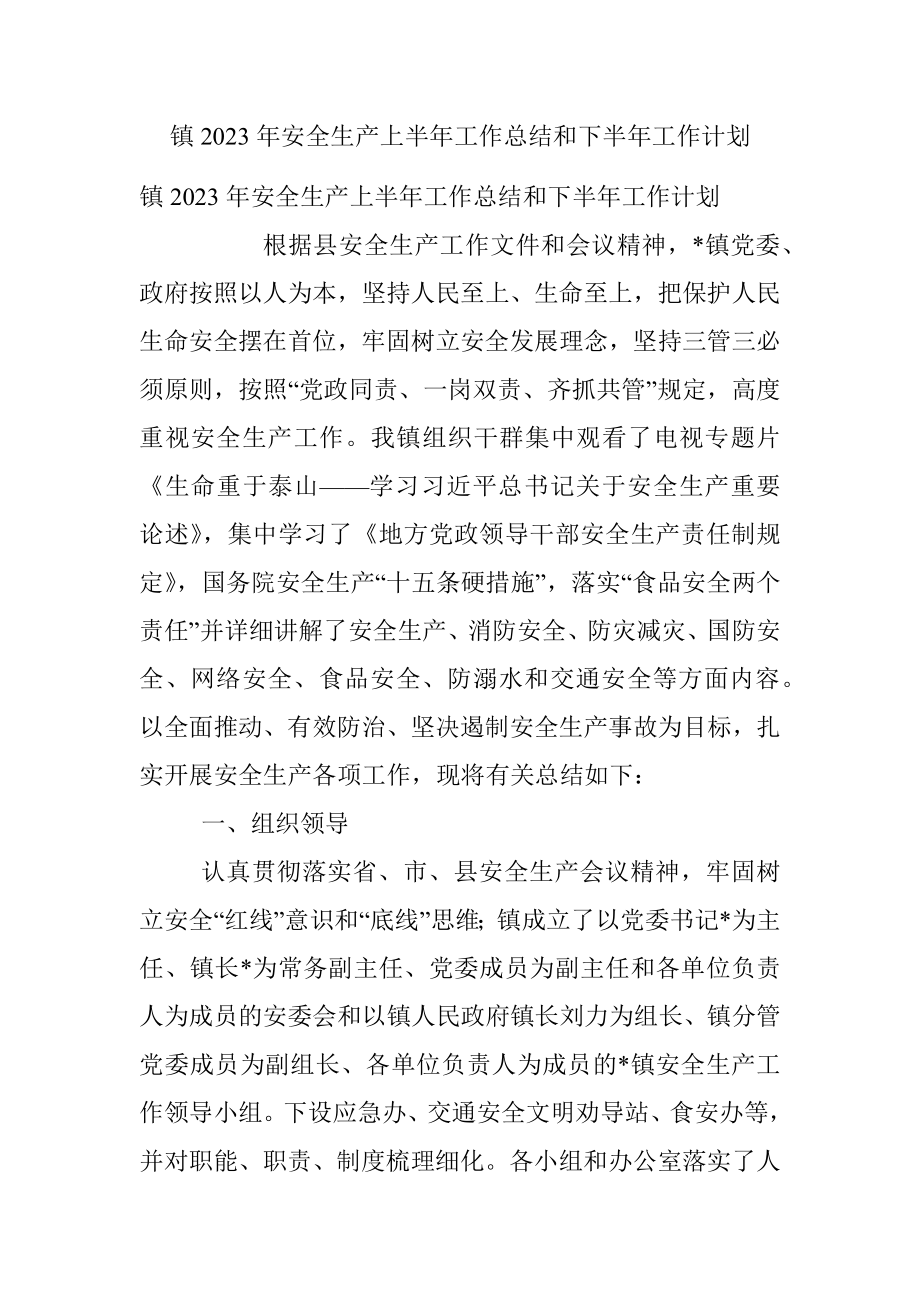 镇2023年安全生产上半年工作总结和下半年工作计划.docx_第1页