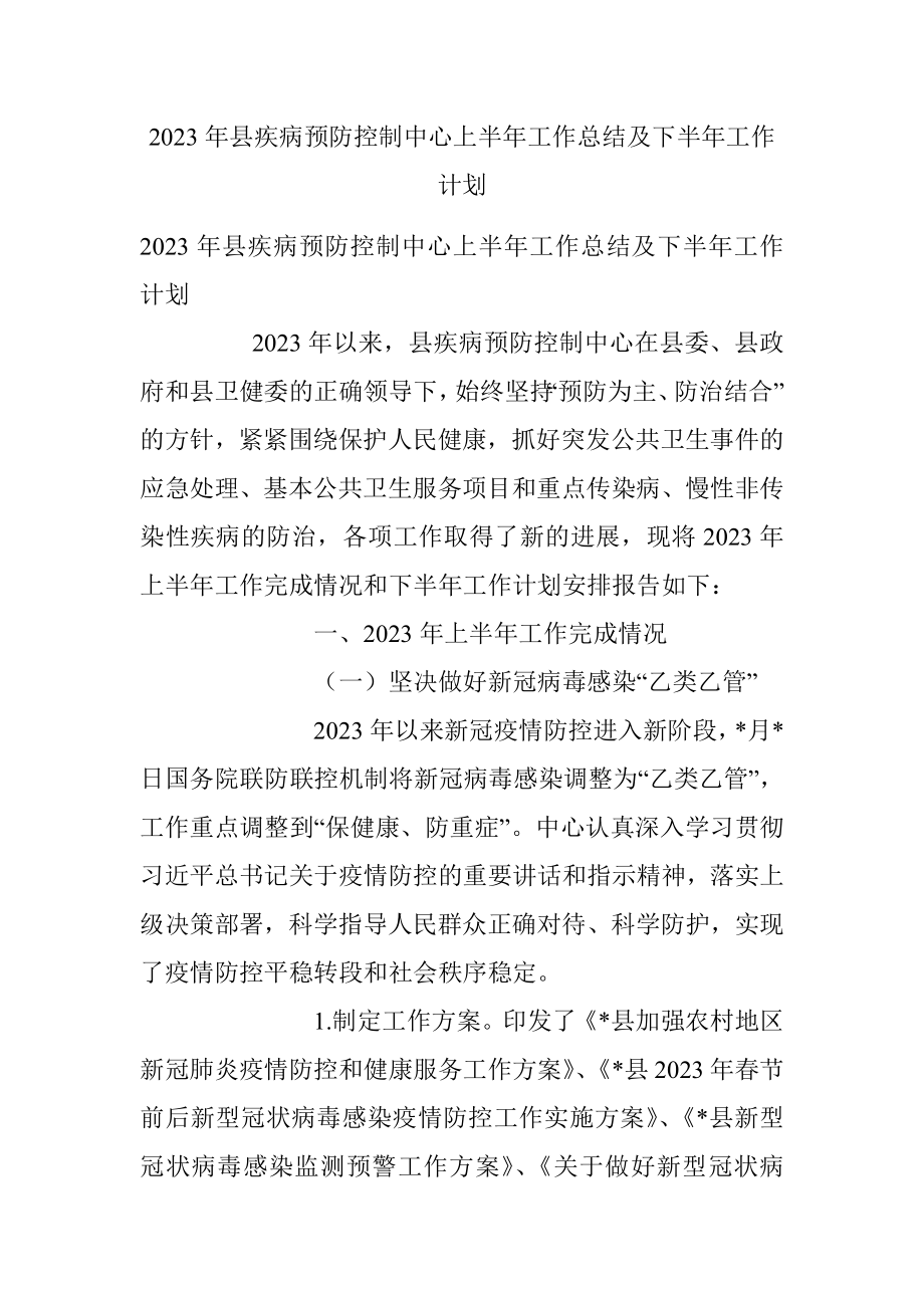 2023年县疾病预防控制中心上半年工作总结及下半年工作计划.docx_第1页