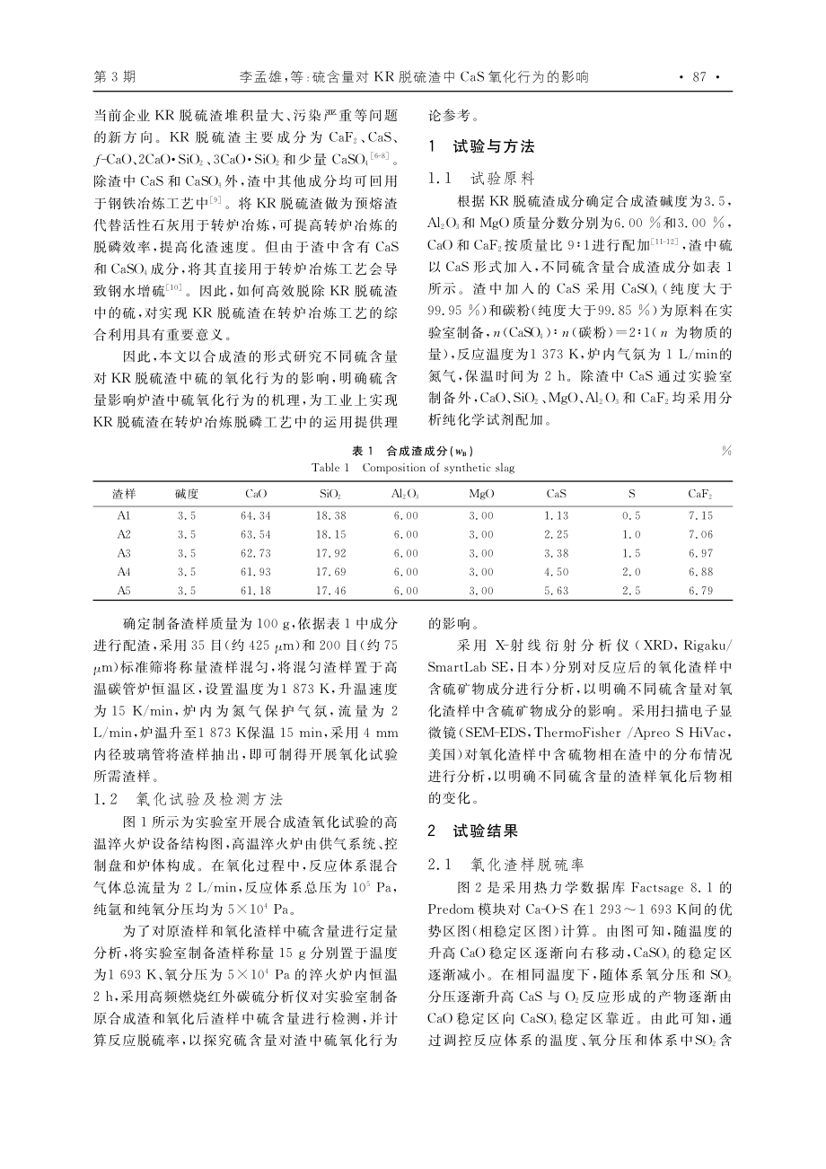 硫含量对KR脱硫渣中CaS氧化行为的影响_李孟雄.pdf_第2页