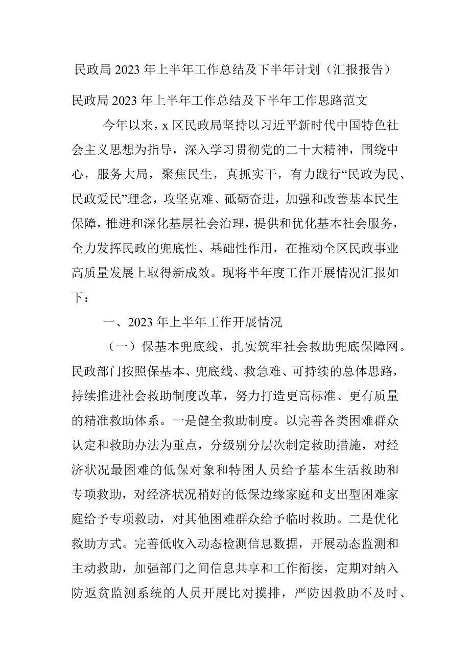 民政局2023年上半年工作总结及下半年计划（汇报报告）.docx_第1页