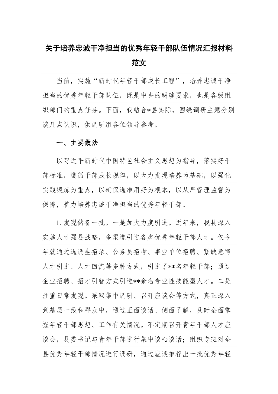 关于培养忠诚干净担当的优秀年轻干部队伍情况汇报材料范文.docx_第1页