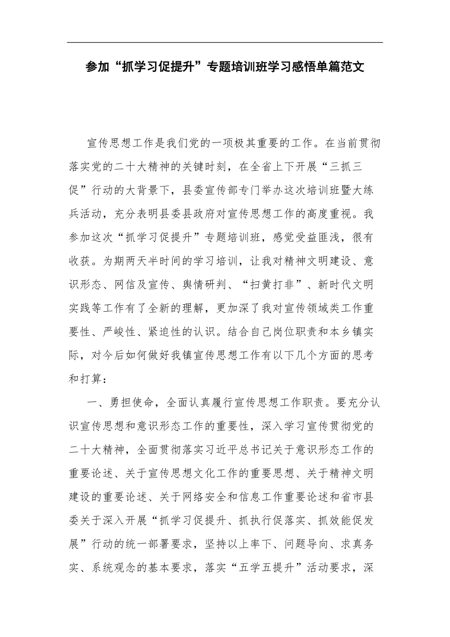 参加“抓学习促提升”专题培训班学习感悟单篇范文.docx_第1页