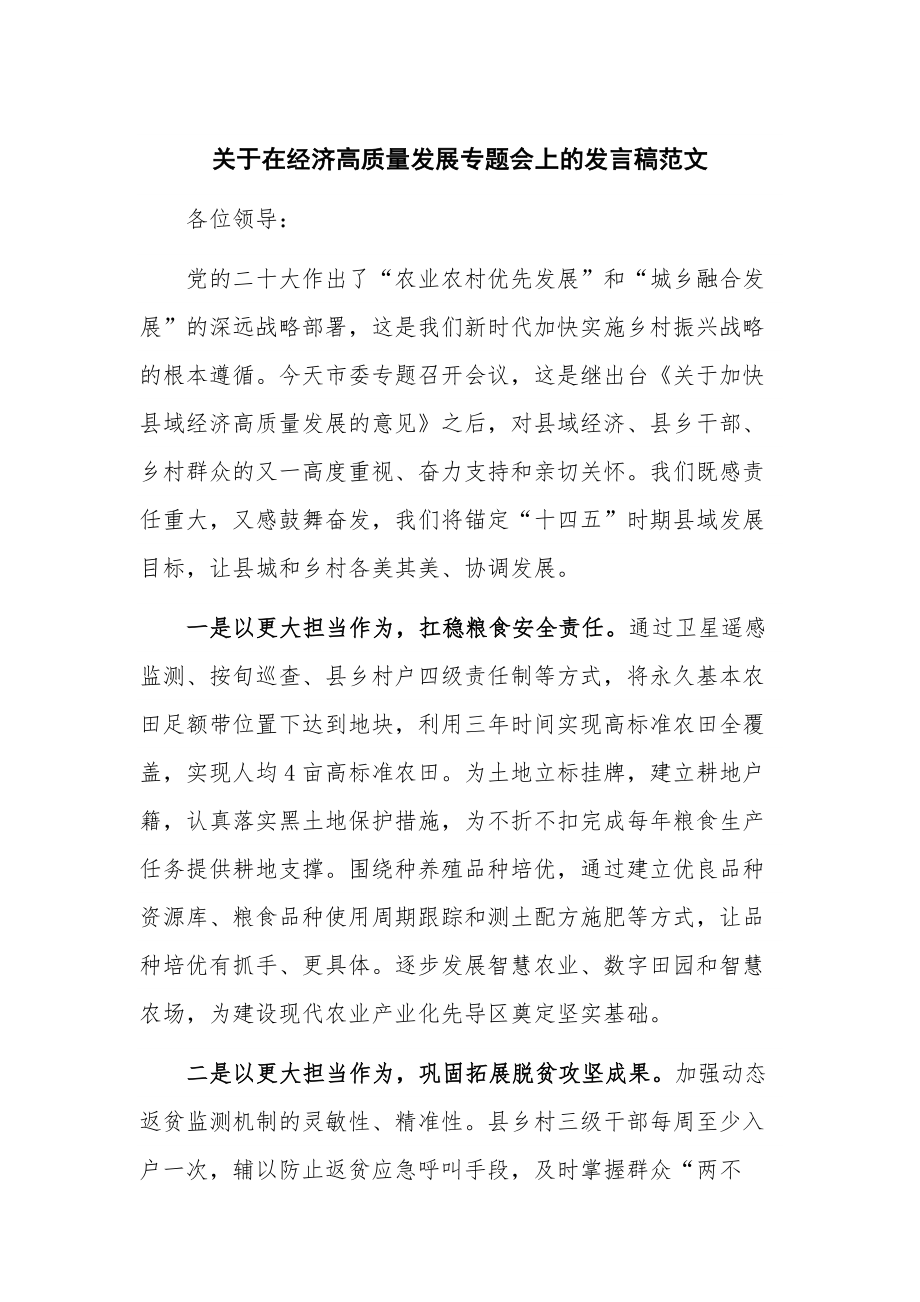 关于在经济高质量发展专题会上的发言稿范文.docx_第1页