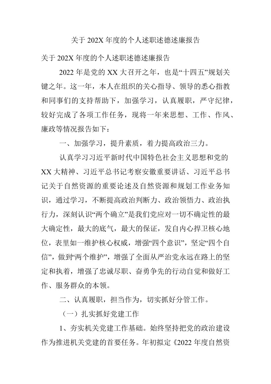 关于202X年度的个人述职述德述廉报告.docx_第1页