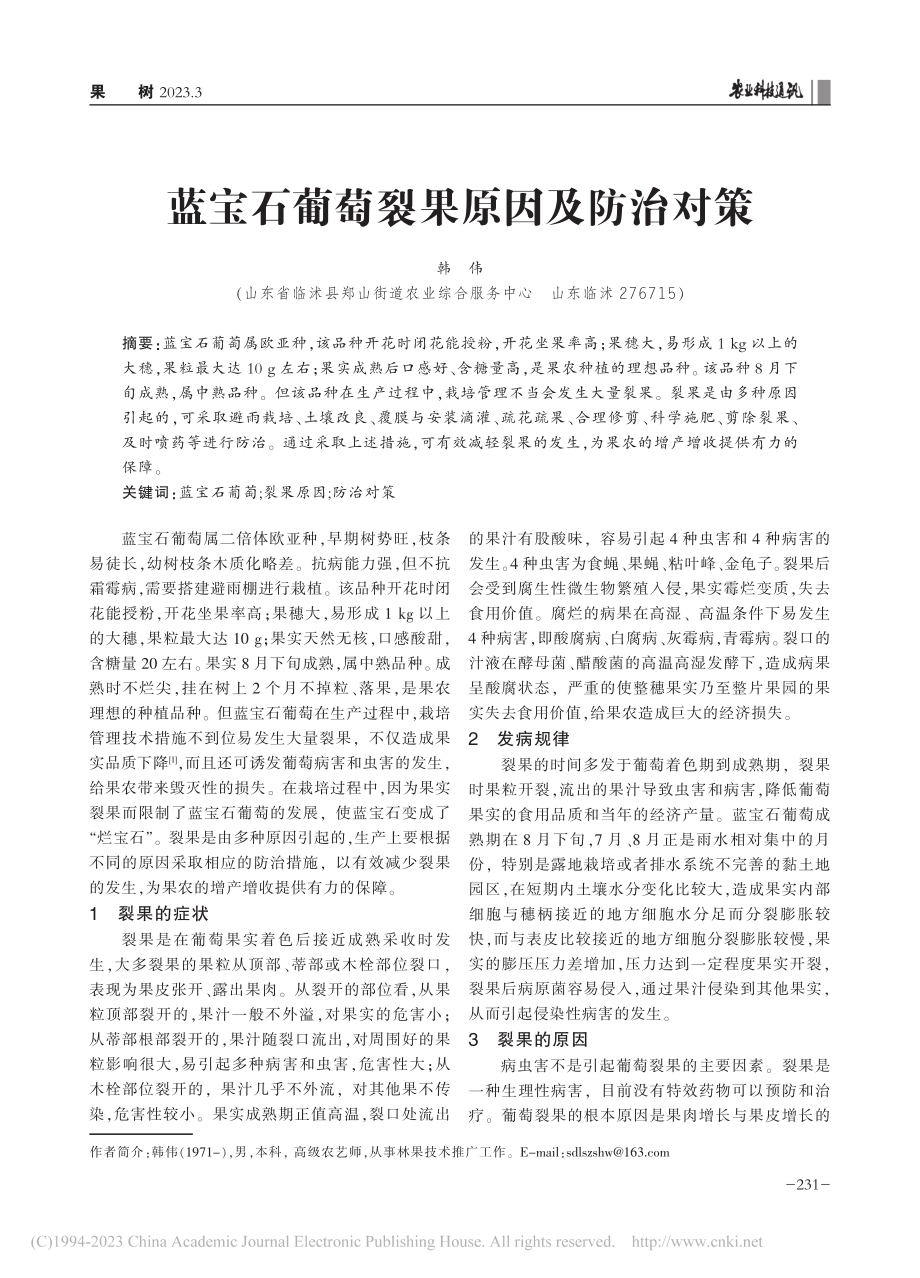 蓝宝石葡萄裂果原因及防治对策_韩伟.pdf_第1页